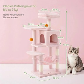 Arranhador para gatos com vários andares, com caverna, rede e 4 troncos para arranhar 45 x 35 x 112 cm rosa