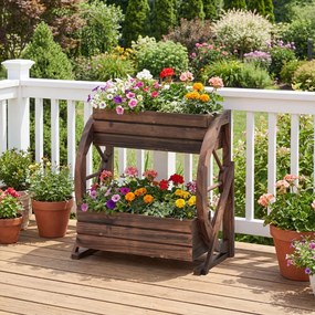 Floreira de Jardim em Forma de Carrinho, 56 x 33 x 56,5 cm, Elevada de 2 Níveis, Castanho
