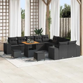 Conjunto de Sofás de Jardim vidaXL 13 Peças com Almofadas Preto Vime Acácia