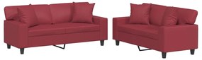 2 pcs conjunto sofás c/ almofadas couro artif. vermelho tinto