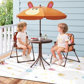 Conjunto de piquenique para crianças 3-6 anos Mesa de atividades ao ar livre com 2 cadeiras dobráveis e guarda-sol ajustável em altura Castanho