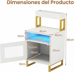 Mesa de cabeceira com luzes LED 45 x 40 x 80 cm com tabuleiro superior Estrutura metálica Branca