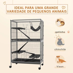Gaiola para Roedores 80x52x128 cm Casa de 4 Alturas com Rampas Suspensa Rede Bandeja Removível Rodas Cinza Prateado