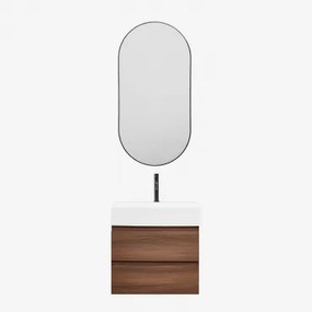Conjunto De Móvel De Casa De Banho Em Madeira E Chapa De Freixo Com Lavatório Integrado Ona Madeira Escura & Ovale Led E Antifog Preto - Sklum