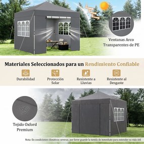 Tenda Dobrável para Exterior, 300 x 300 x 284 cm, Paredes Laterais Removíveis, Cinzento