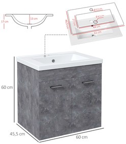 Móvel Casa de Banho com Lavatório Cerâmico Móvel Casa de Banho de Parede com 2 Portas e Ajustável 60x45,5x60 cm Cinza