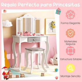 Conjunto de Toucador para Crianças 2 em 1 Mesa de Maquilhagem com Banco e Espelho Triplo Extraível para Rapazes Raparigas 3+ Anos 60 x 33 x 98,5 cm Br