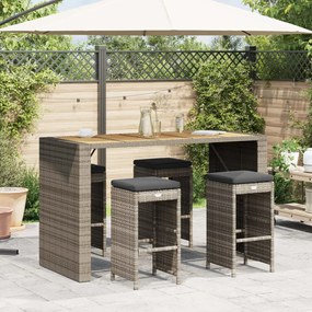 Bancos de bar p/ jardim com almofadões 4 pcs vime PE cinzento