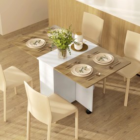 Mesa de jantar dobrável para 6 pessoas 140 x 76 x 74 cm (CADEIRAS NÃO INCLUIDAS), mesa de cozinha com Rodas, 2 gavetas e 2 armários, branca e castanha