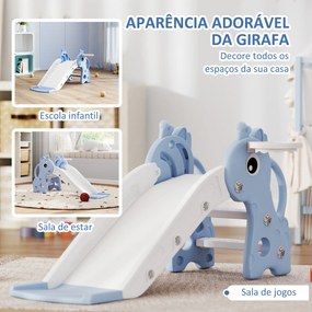 Escorrega para Crianças 3 em 1 com Escada Tabela de Basquetebol e Desenho de Girafa 106x51,5x52 cm Azul Claro