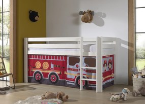 Cama alta de Criança PINO 90 x 200 cm + estrado + escada + cortina Bombeiros Branca