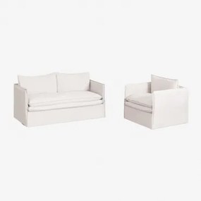 Conjunto De Sala Com Sofá De 2 Lugares E Poltrona Em Linho E Algodão Grace Tecido Branco Quebrado - Sklum
