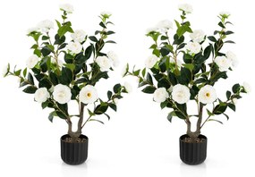 Conjunto de 2 árvores de camélia artificiais 95 cm Planta de flor falsa num vaso de cimento Branco