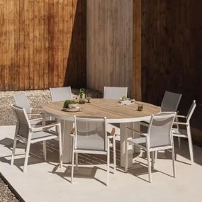 Conjunto De Mesa Redonda Riviera, Ø180 Cm, Em Madeira De Teca E Alumínio, E 8 Cadeiras De Jardim Empilháveis Em Alumínio, Elvira Madeira De Teca -