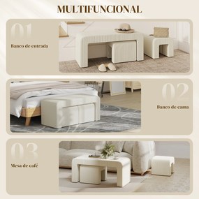 Conjunto de 3 Bancos Grande e 2 Pequenos Bancos Modernos em Veludo 104x44x48 cm Creme