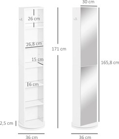 Armário de coluna giratório para casa de banho com espelho, 6 prateleiras, 36 x 36 x 171 cm, branco