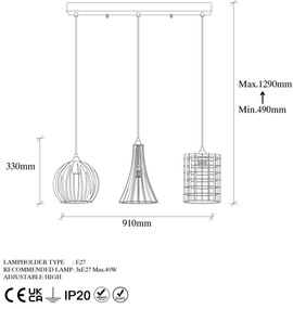 Chandelier Teltrio – Preto Antique – 91 x 25 x 49-129 cm