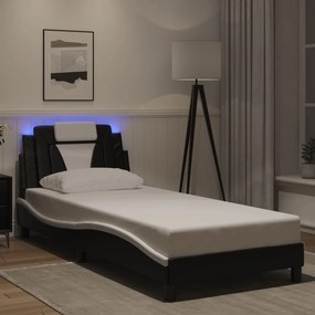Estrutura cama c/ luzes LED 90x200 cm couro artif. preto/branco