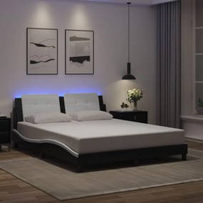 Estrutura cama c/ luzes LED 160x200cm couro artif. preto/branco
