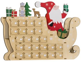 Calendário do Advento de Madeira com 24 Gavetas Decorado com Pai Natal no Trenó Decoração de Natal 22,5x8x36 cm Madeira