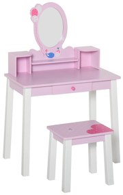 HOMCOM Toucador Infantil com Banco e Espelho Mesa de Maquilhagem Infantil Estilo Princesa de Madeira 59x39x92cm Rosa