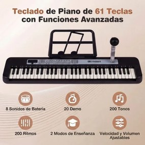 Teclado de piano de 61 teclas para crianças – Brinquedo musical, piano digital educativo com suporte ajustável, microfone e suporte para partituras pr