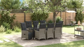 vidaXL Conjunto de Jantar de Jardim de 9 Peças com Almofadas Cinza Rattan de Poliéster