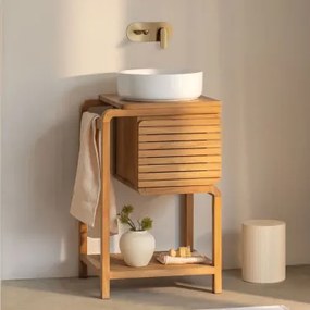 Conjunto De Móvel De Casa De Banho Em Madeira De Teca Bradley Cerâmica Redonda Branca Ø40 Cm Lenka & Sem Espelho & Ouro - Sklum