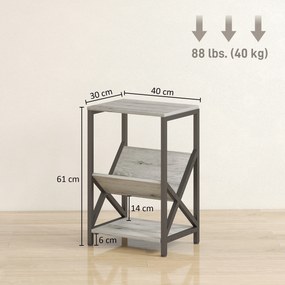 Mesa de apoio estreita, mesa de canto com 3 prateleiras, porta-revistas em V, estrutura em aço, 40 x 30 x 61 cm, cinzento escuro