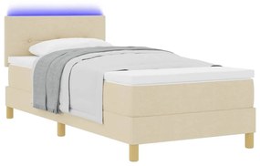Cama Box Spring com Colchão &amp; Luz LED Creme 100x200 cm de Tecido