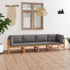 vidaXL Sofá de jardim 4 lugares c/ almofadões cinzentos teca maciça