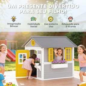 Casa de Madeira Infantil com Porta Janelas Floreiras e Prateleiras Casa de Brincar de Madeira 112x126x135 cm Cinzento
