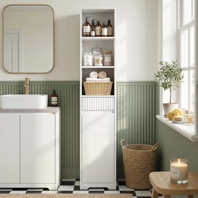 Armário Alto de Casa de Banho com Gaveta Design Canelado Prateleira Ajustável Prateleiras Abertas para Espaços Pequenos Branco