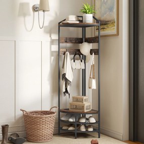 Móvel de entrada de canto 47 L x 47 P x 180 A cm, com 4 níveis, espaço para guardar sapatos, 8 ganchos amovíveis, 2 prateleiras, castanho rústico