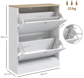 Sapateira Estreita com 2 Portas Sapateira para Entrada com Prateleiras Ajustáveis para 12 Pares de Sapatos 60x24x80 cm Branco