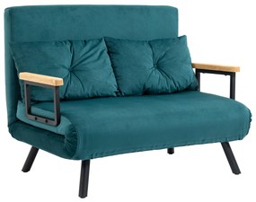 HOMCOM Sofá Conversível 2 Lugares com Encosto Ajustável em 5 Níveis e 2 Almofadas Estofadas Revestimento de Veludo Azul | Aosom Portugal