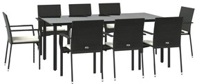 9 pcs conjunto de jantar p/ jardim c/ almofadões vime PE preto