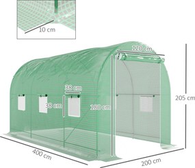 Estufa tipo Túnel 400x200x205 cm Estufa de Jardim com Porta Enrolável e 6 Janelas Cobertura de PE 140 g/m² Verde