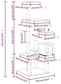 Árvore p/ gatos c/ postes arranhadores sisal 142 cm cinza-claro