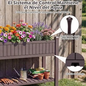 Floreira de jardim elevada Plastico 108 x 44 x 88,5 cm com rodas divisível com monitor de água, orifício de drenagem, prateleira para legumes e ervas,