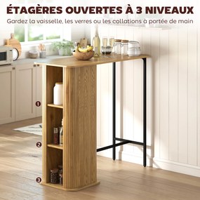 Mesa alta para refeições em pé 112 x 50 x 106 cm, mesa de bar com 3 prateleiras de arrumação e pés em metal, madeira natural