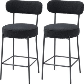 Conjunto de 2 bancos de bar em tecido felpudo, bancos de bar com encosto curvo e apoio para os pés, 49 x 52 x 95 cm, preto