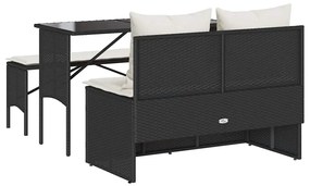 3 pcs conjunto de jantar p/ jardim c/ almofadões vime PE preto