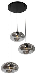 Candeeiro de suspensão Art Deco preto com vidro fumê redondo 3-luzes - Ayesha