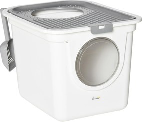 Caixa de Areia para Gatos com Pá Sanita para Animais de Estimação com 2 Portas 44x55x39 cm Branco e Cinza