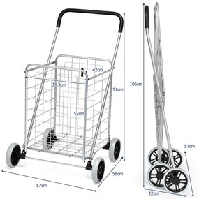 Carrinho de compras grande, leve e dobrável com rodas giratórias Capacidade para 45 kg 57 x 58 x 91cm Prateado