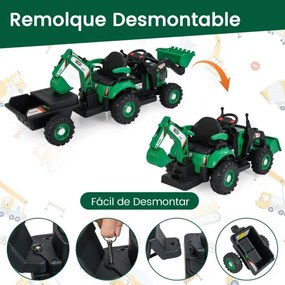 Trator elétrico 4 em 1 para crianças 12V com controle remoto, pá, reboque removível e luzes LED para crianças de 3 a 8 anos, 185 x 58 x 65 cm Verde