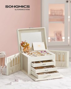 Caixa para joias de 4 níveis 17,5 x 22,5 x 16,5 cm com pega e espelho Branco creme