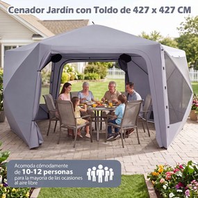 Tenda de Jardim Emergente de Seis Lados, 427 x 427 x 243 cm, Montagem Rápida, Cinzento