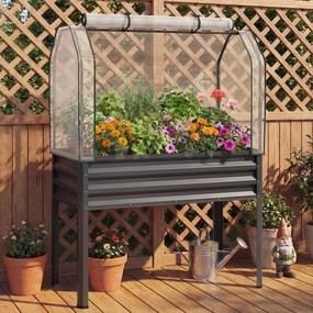 Floreira elevada com estufa 112 x 55 x 152 cm, canteiro de jardim em metal galvanizado com cobertura de proteção e porta enrolável para pátio, terraço